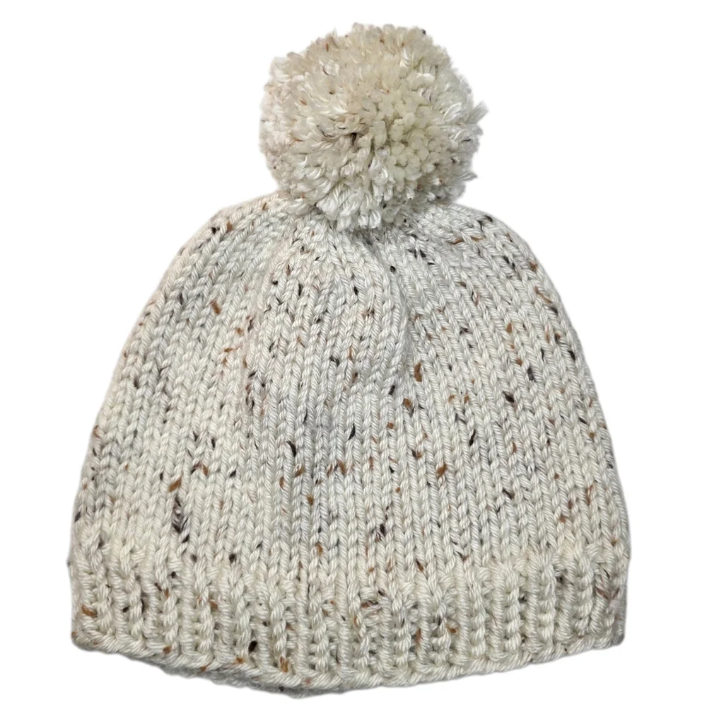 Winter Hat Handmade Speckled Cream Yarn Knit Pom Pom Beanie Womens Accessories